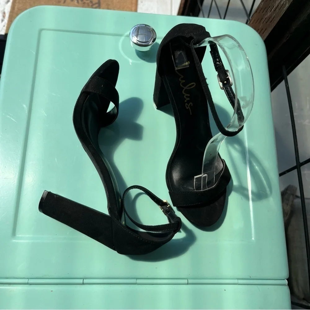 Lulu’s Taylor Black Vegan Suede Ankle Strap High Heel Sandals 6.5